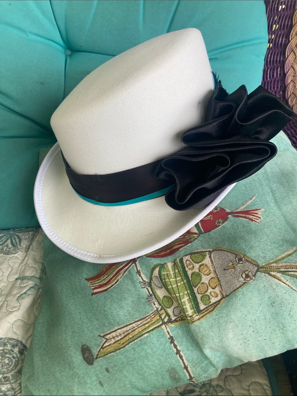 White Women's Dress Hat with Black Satin Accent and Teal Trim